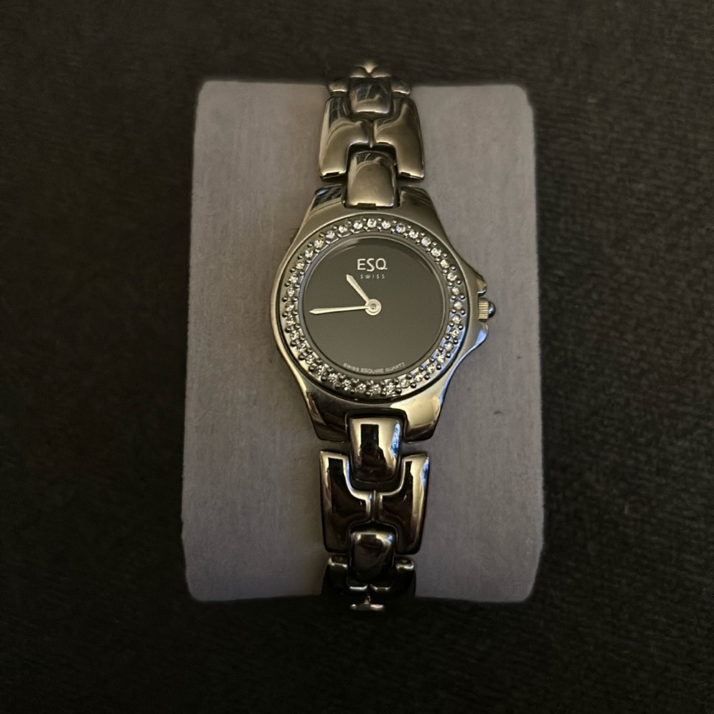 ESQ SWISS Womens Silver Tone Crystal Bezel Museum Petite Quartz Analog Watch
